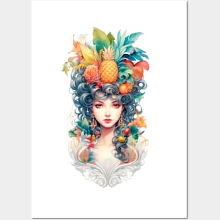 Girl with Fruits and Flowers on her Head Posters and Art